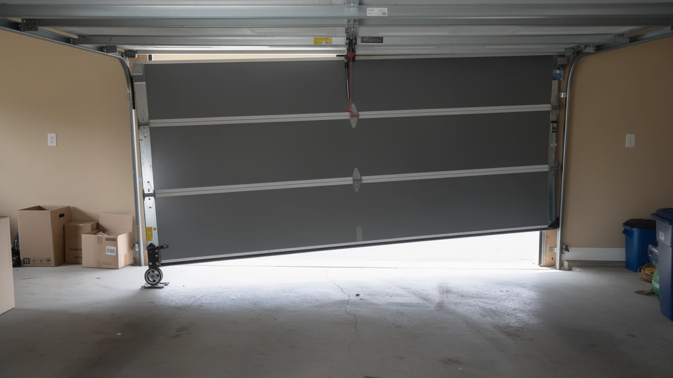 The gray garage door is crooked and partially open, with a wheel on the floor.