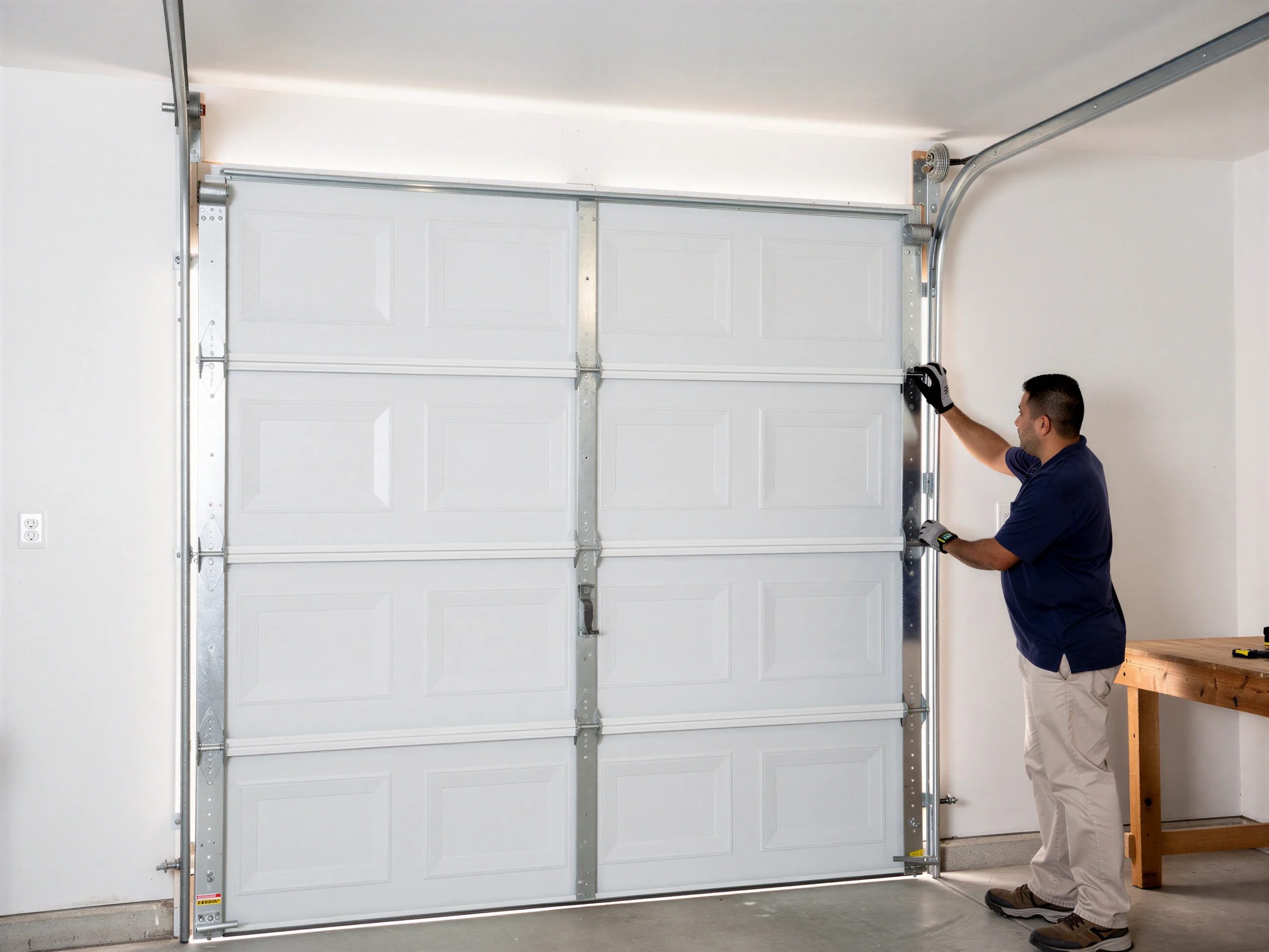 A technician in gloves adjusts the rollers on a white garage door.