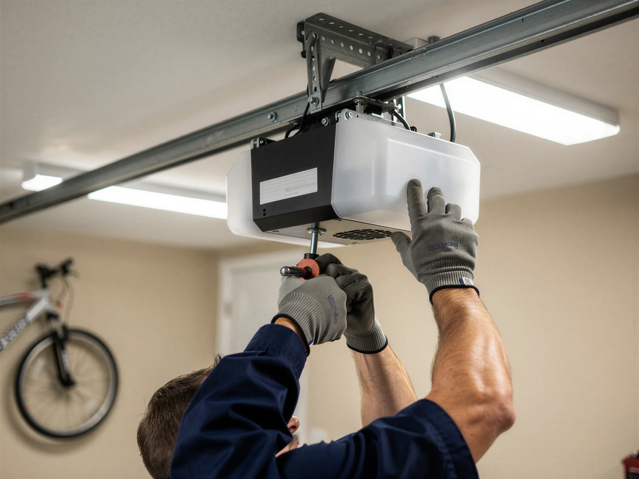 A technician in gloves works on a garage door opener with a screwdriver.