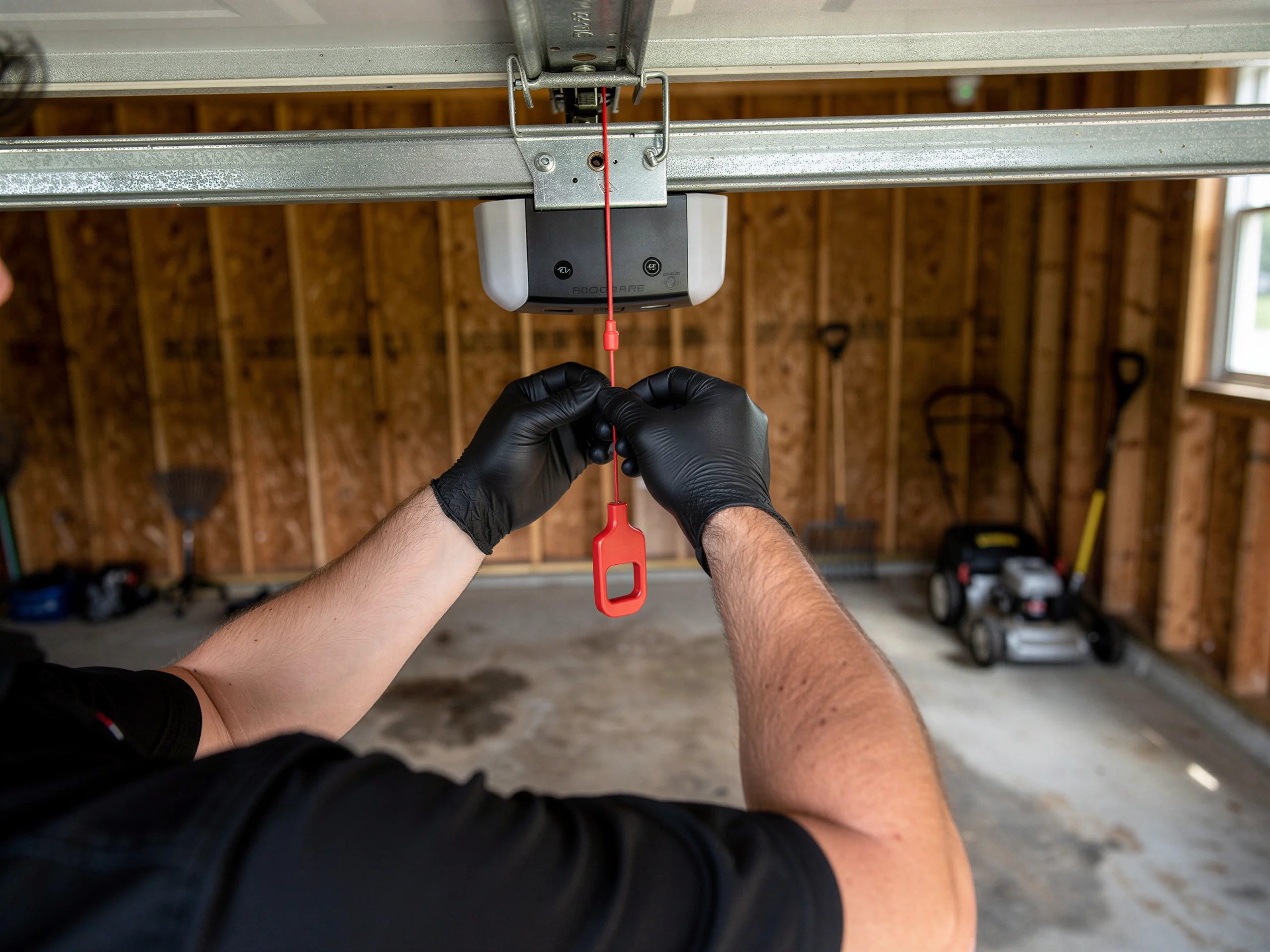 A technician in black gloves adjusts the red emergency release cord on a garage door opener.