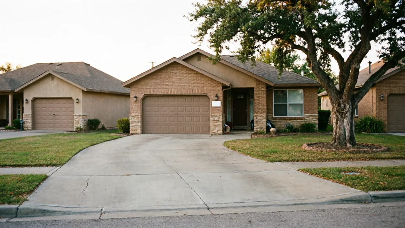 A brown garage door on a brick house with a tree in the front yard.