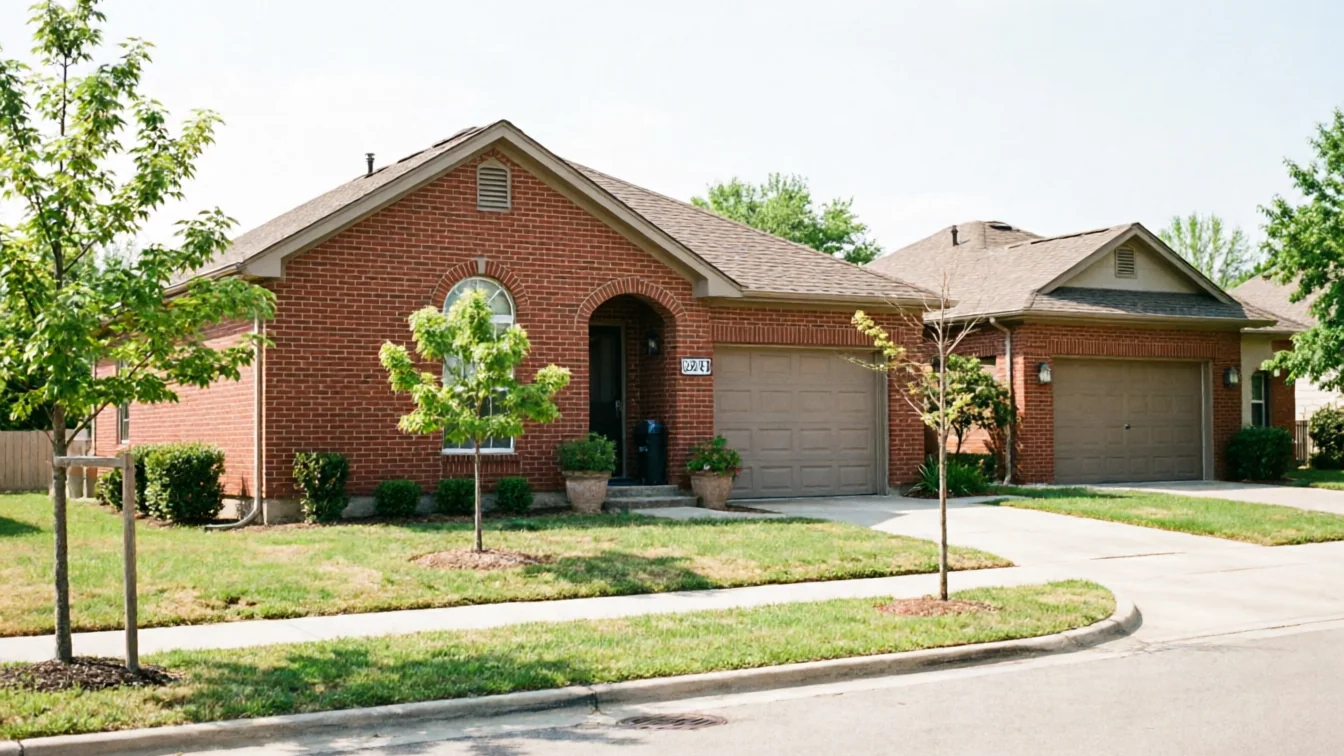 Two brick houses with brown garage doors and green lawns are visible from the street.