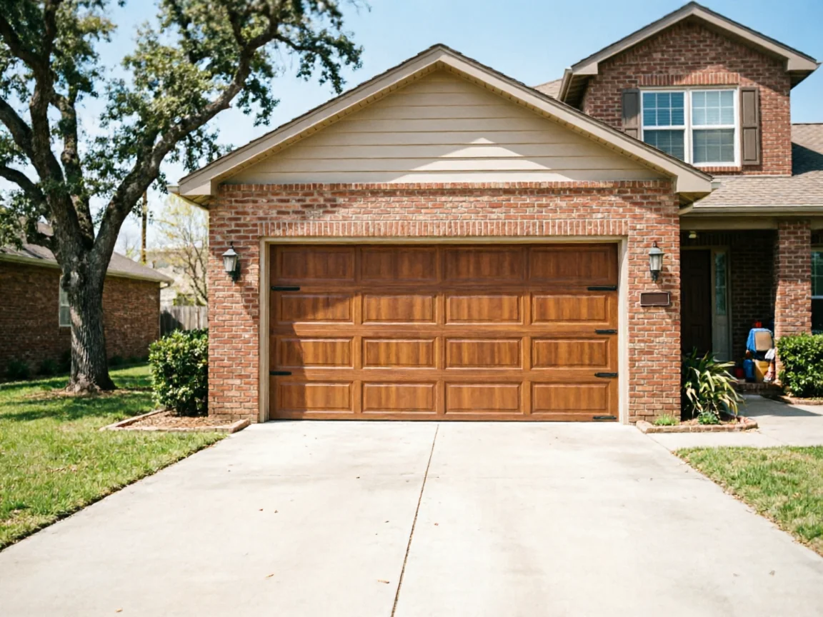 A brown paneled garage door is on a brick house with a concrete driveway.