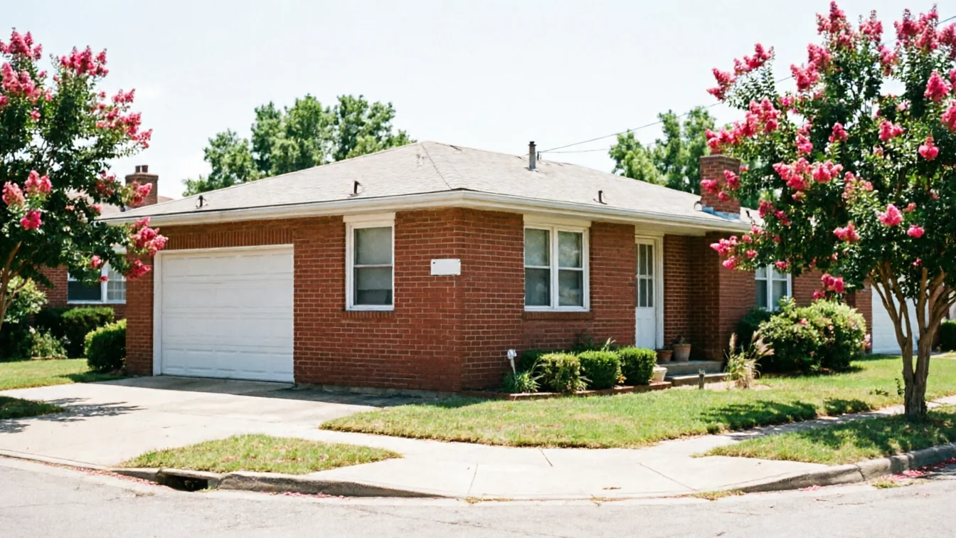 A red brick house has a white garage door and pink flowering trees.