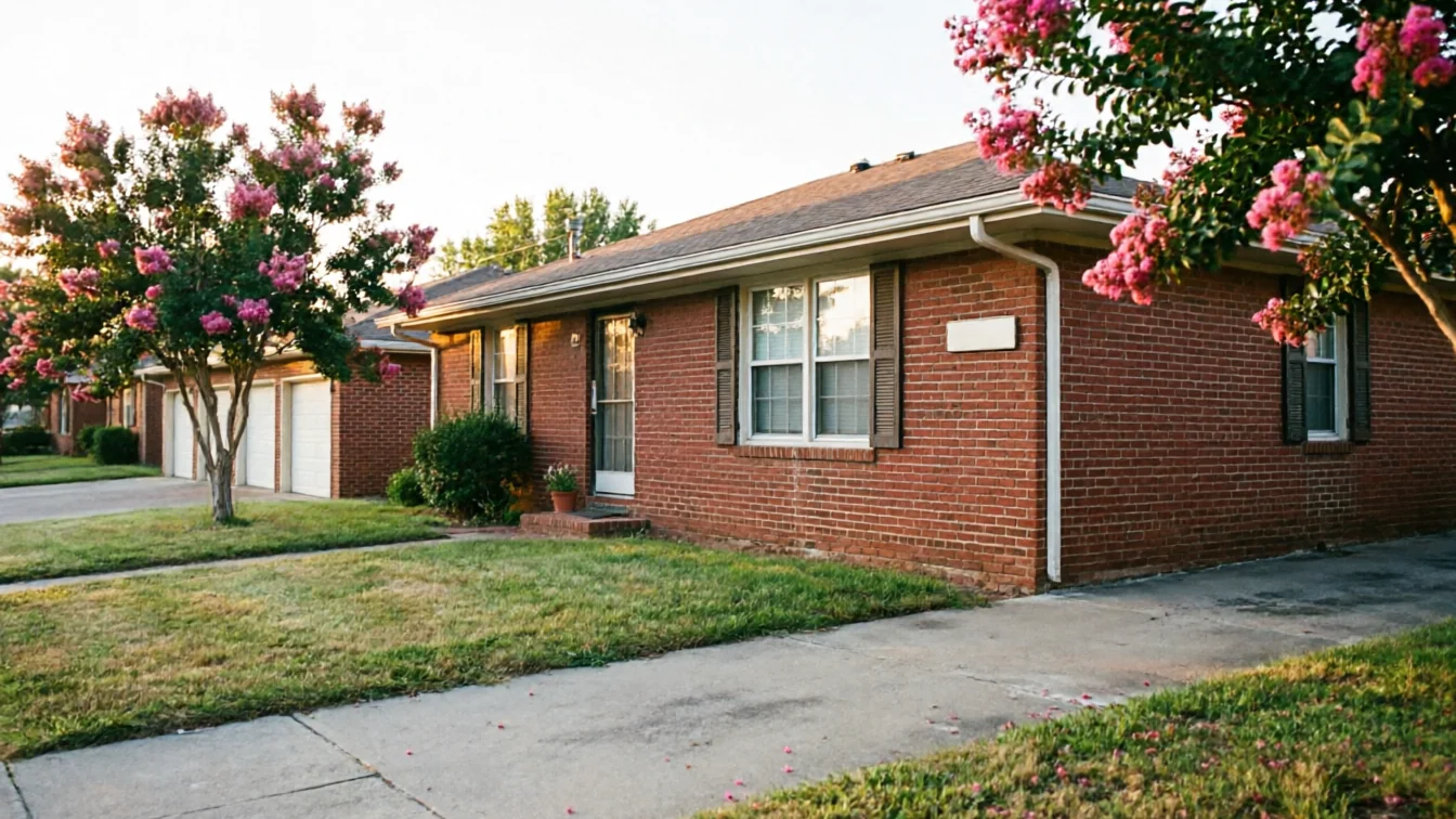 A row of brick houses with white garage doors and pink flowering trees.